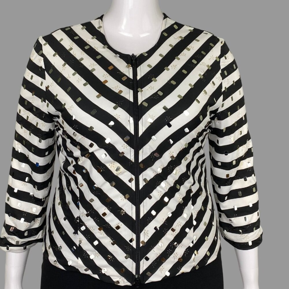 Joseph Ribkoff Striped Sequin Jacket - Black/White - Size 14